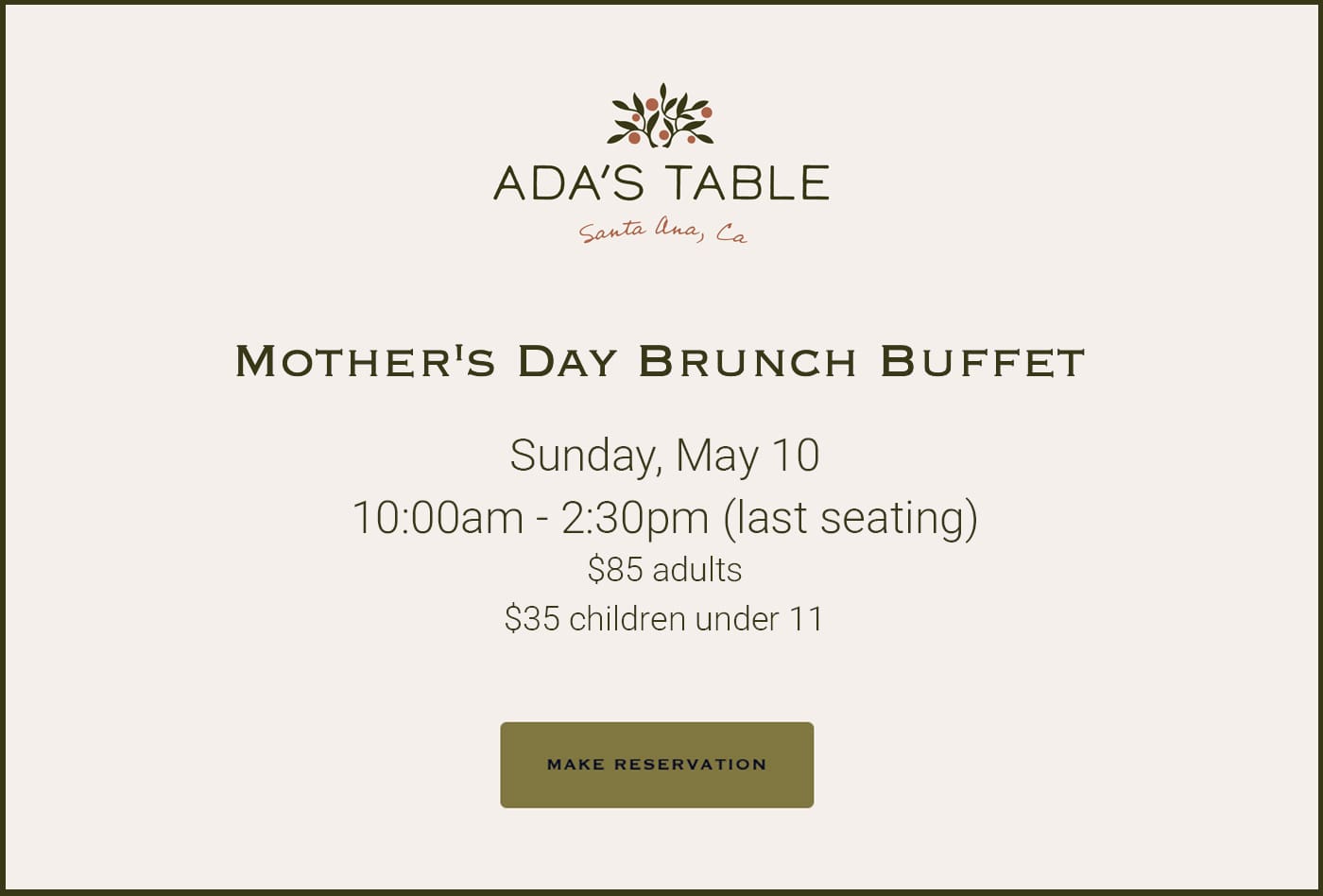 Mother's Day Brunch Buffet at Ada's Table