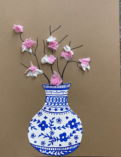 Blue Vase Still Life with Cherry Blossoms